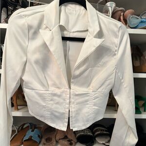 White satin long sleeve collared corset top